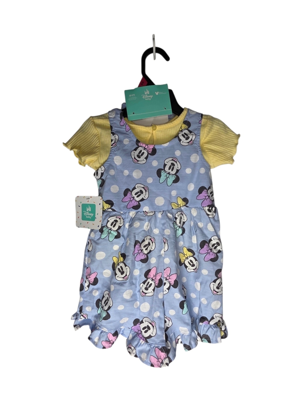 NWT Disney Minnie Mouse Polka Dot Baby Romper - Pastel Blue & Yellow